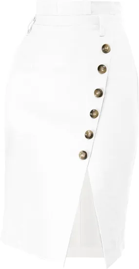 Allegra K Women's Pencil Skirt High Waisted Slit Button Decor Belted Work Skirts
