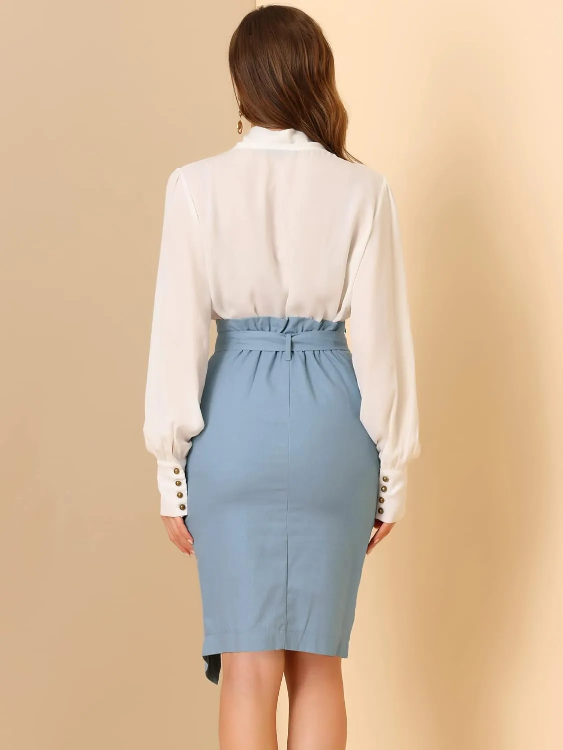 Allegra K Women's Pencil Skirt High Waisted Slit Button Decor Belted Work Skirts