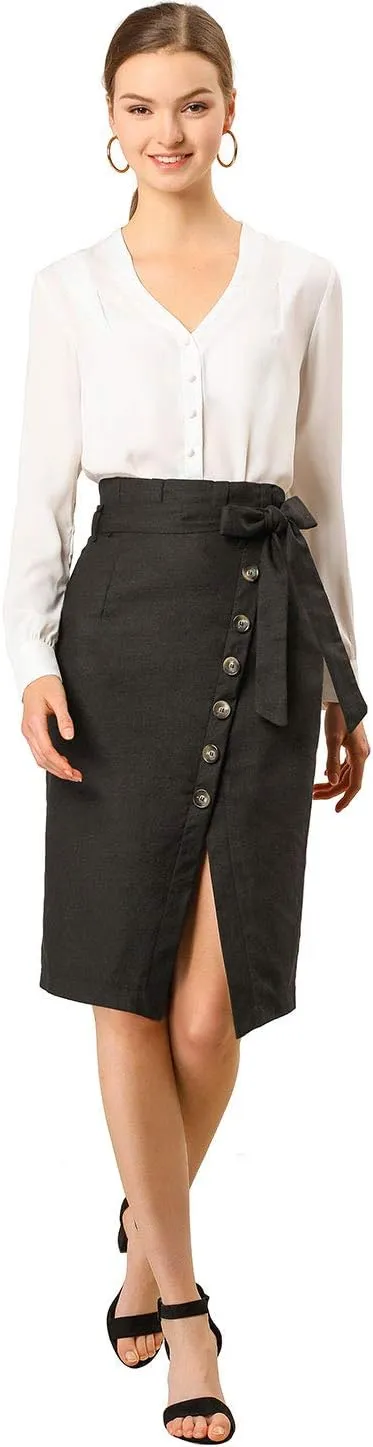 Allegra K Women's Pencil Skirt High Waisted Slit Button Decor Belted Work Skirts