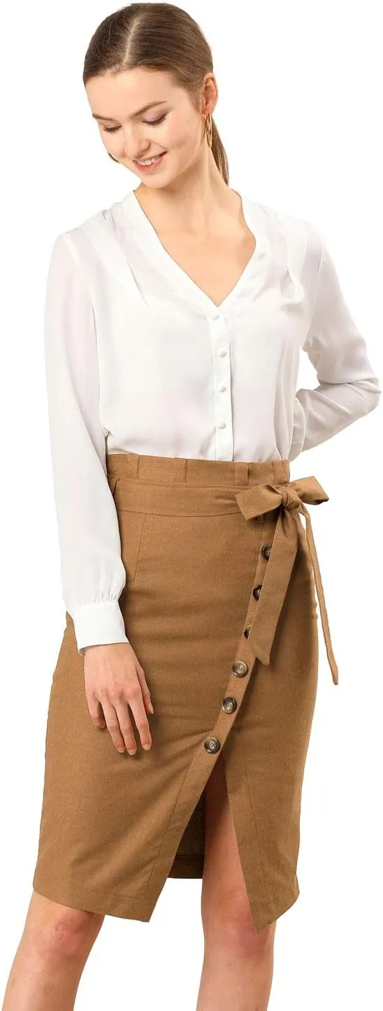 Allegra K Women's Pencil Skirt High Waisted Slit Button Decor Belted Work Skirts