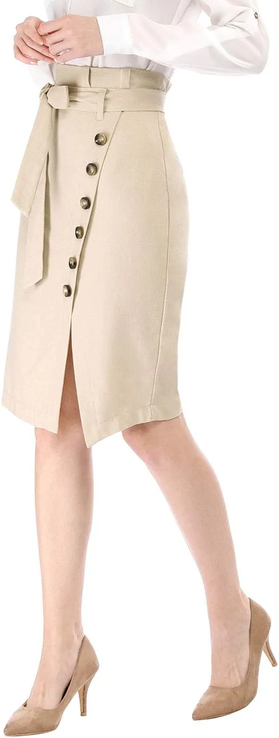 Allegra K Women's Pencil Skirt High Waisted Slit Button Decor Belted Work Skirts