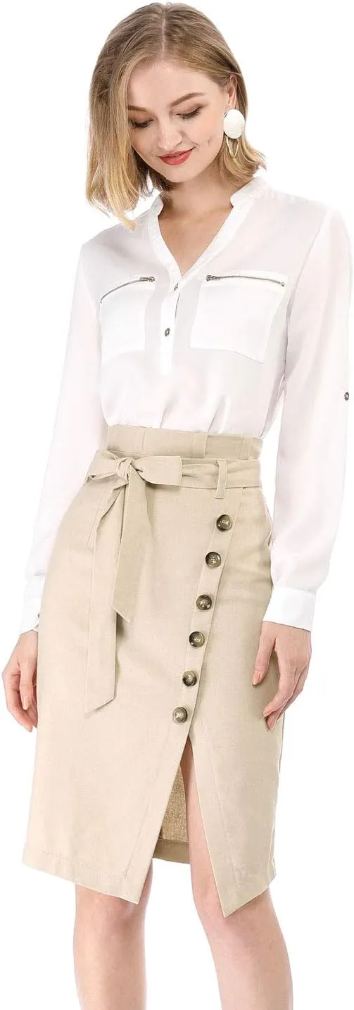 Allegra K Women's Pencil Skirt High Waisted Slit Button Decor Belted Work Skirts