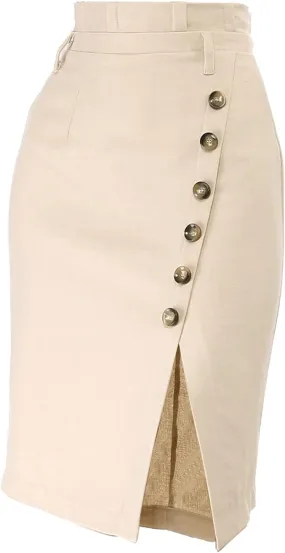 Allegra K Women's Pencil Skirt High Waisted Slit Button Decor Belted Work Skirts
