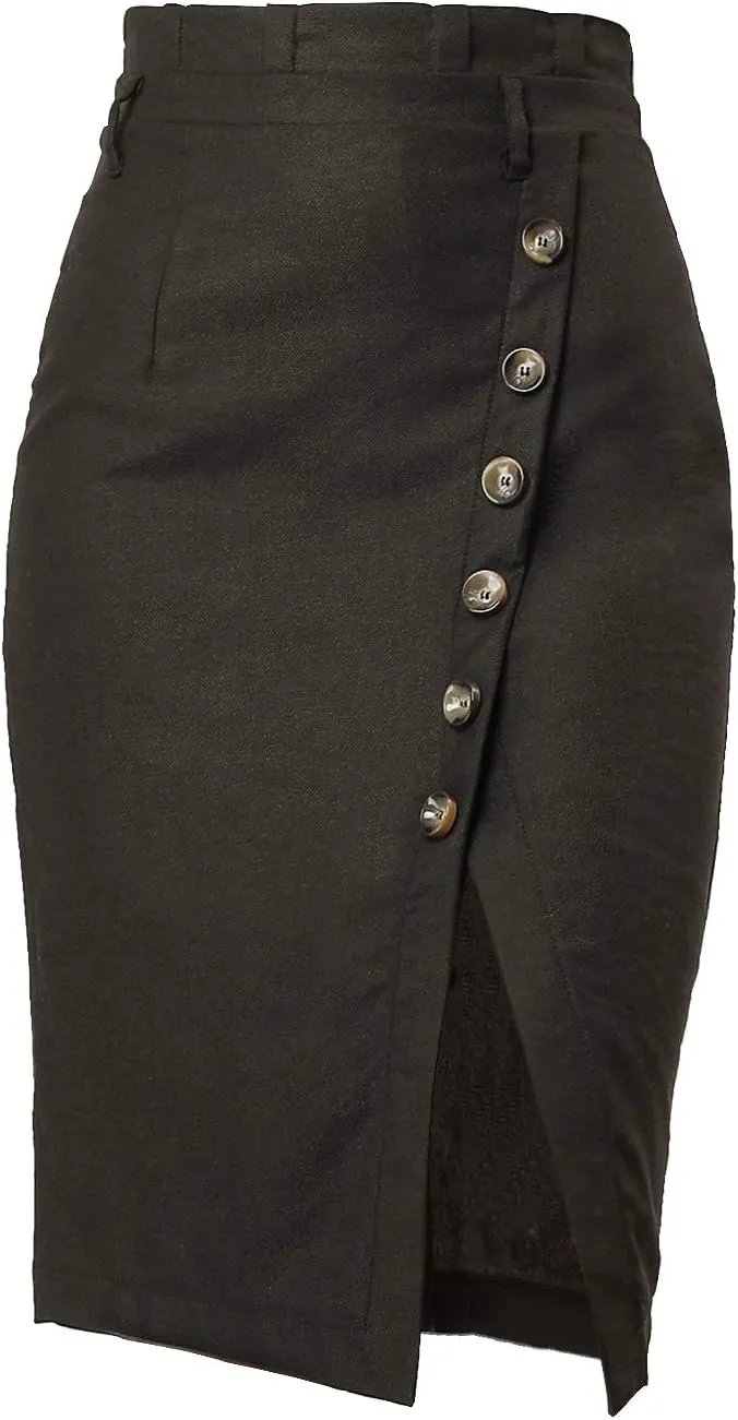 Allegra K Women's Pencil Skirt High Waisted Slit Button Decor Belted Work Skirts