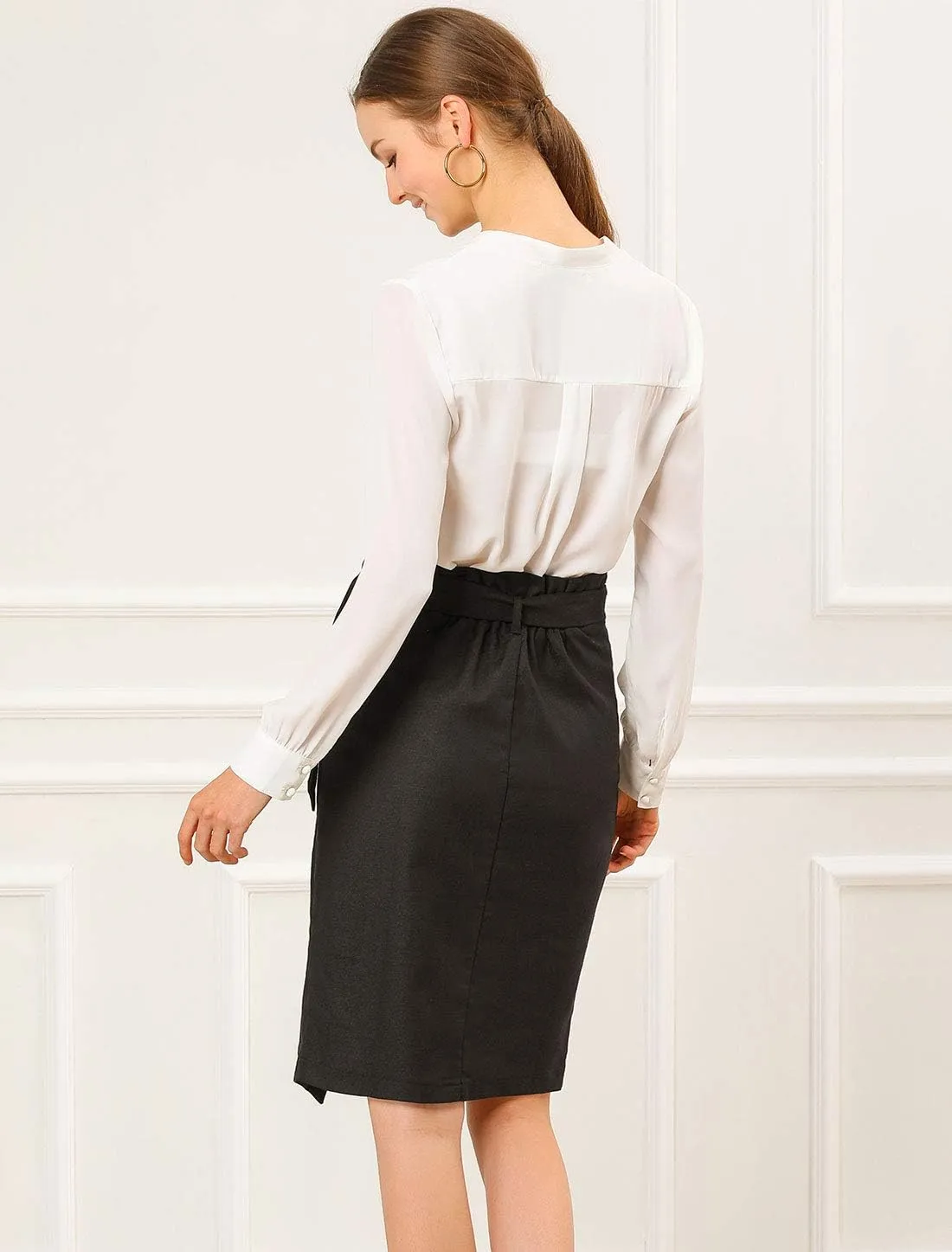 Allegra K Women's Pencil Skirt High Waisted Slit Button Decor Belted Work Skirts