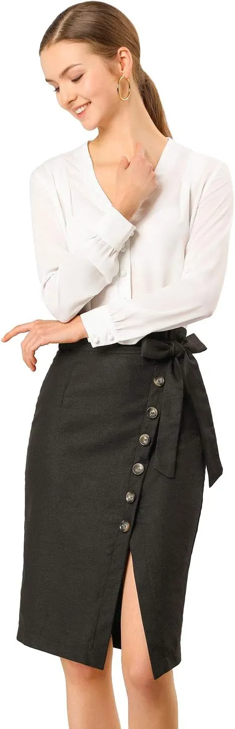Allegra K Women's Pencil Skirt High Waisted Slit Button Decor Belted Work Skirts