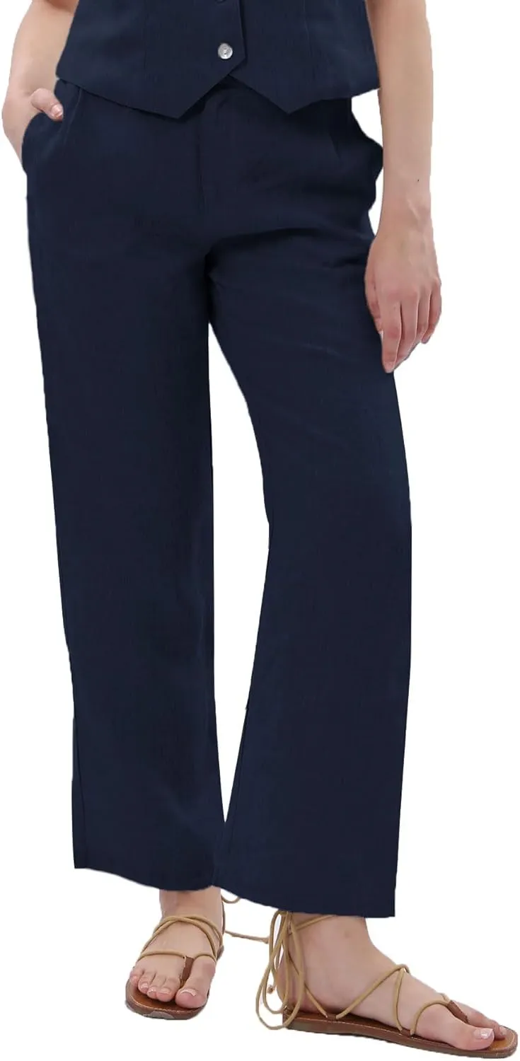 Amazhiyu Women's 100% Linen Summer Classic High-Waisted Straight-Leg Pants Casual