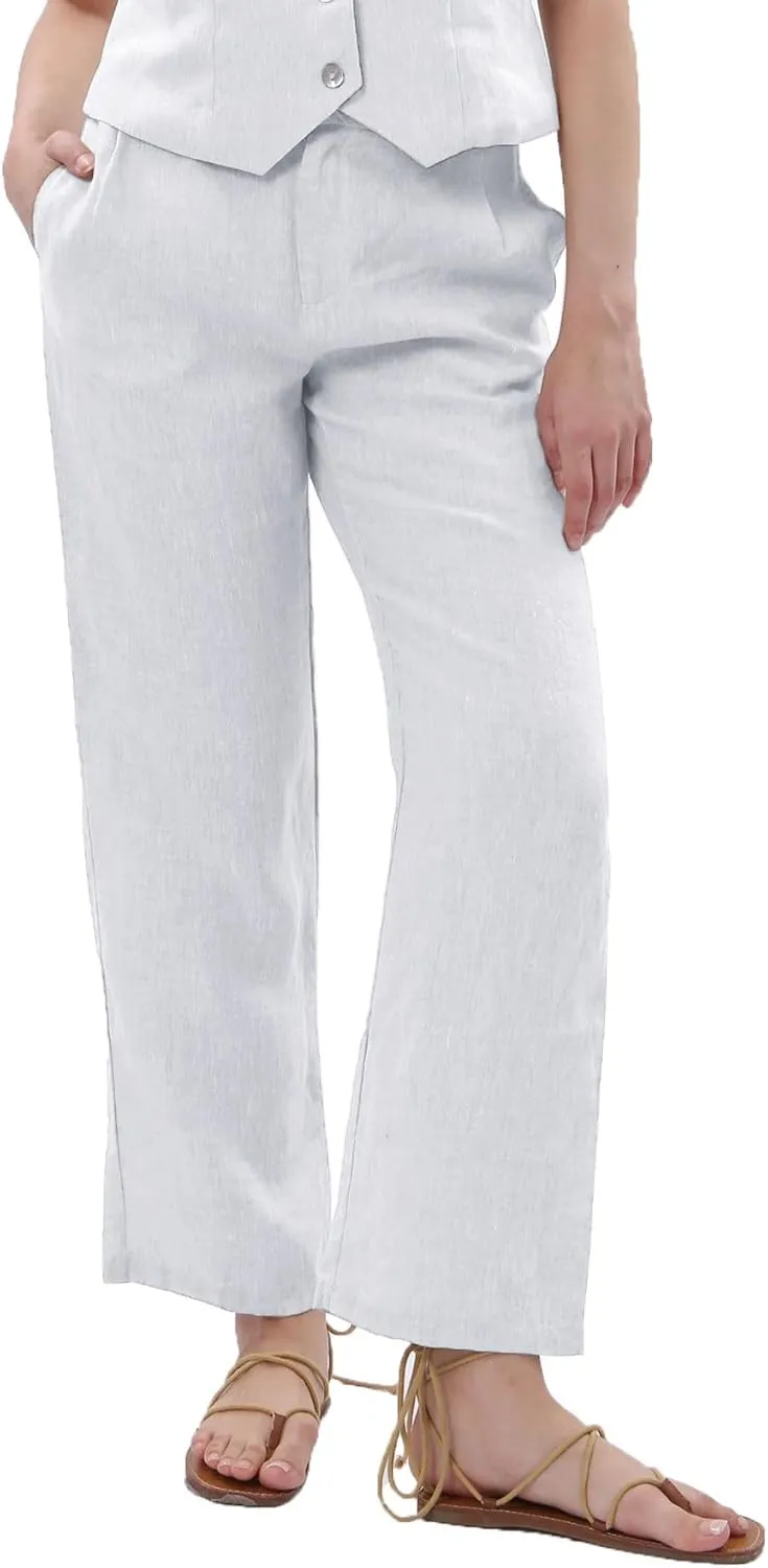 Amazhiyu Women's 100% Linen Summer Classic High-Waisted Straight-Leg Pants Casual