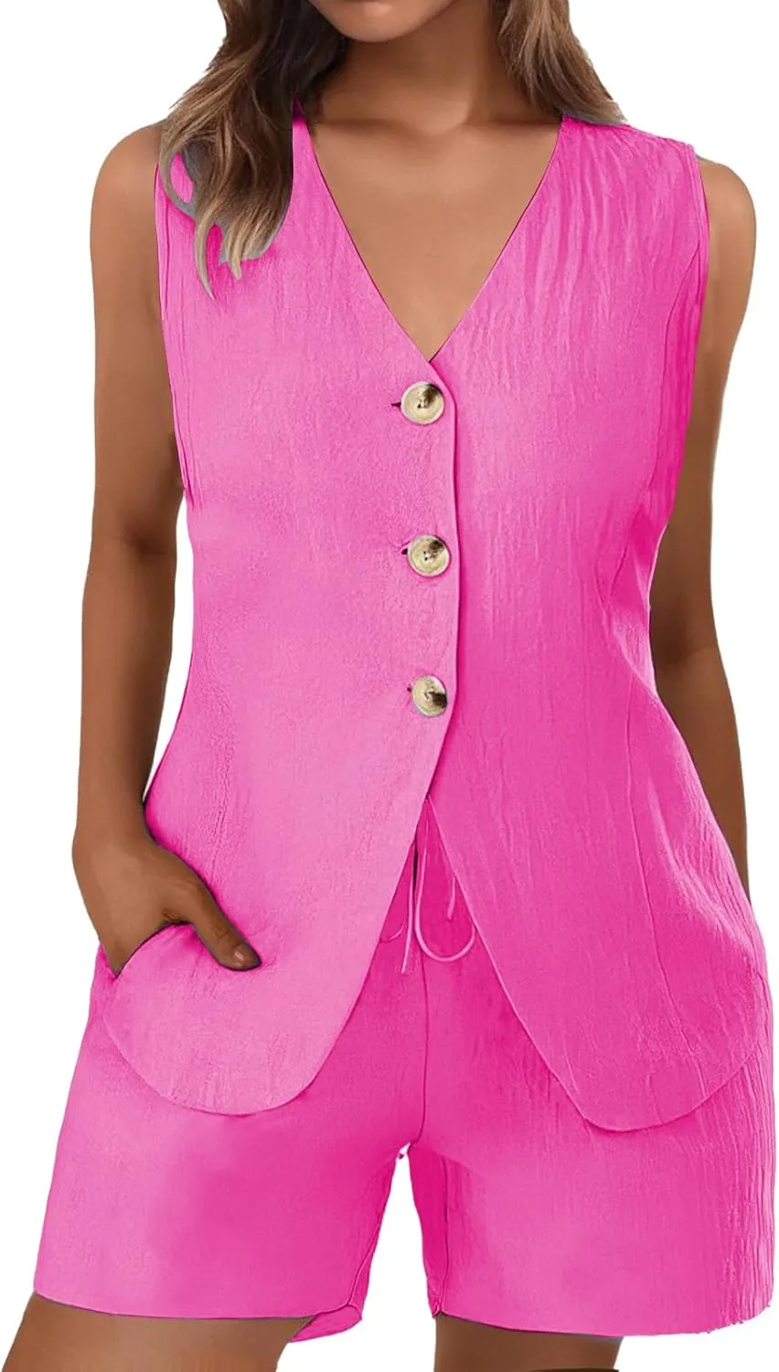 Blazer Vest Set for Women Short Suit Sets 2 Piece Button Down V Neck Vest Waistcoat and Shorts Business Outfits