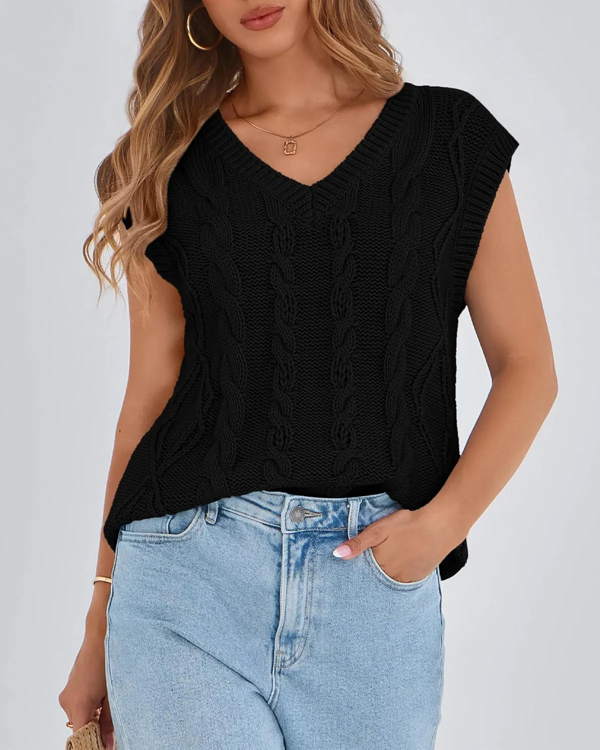 BTFBM Womens Oversized Sweater Vest 2025 Summer V Neck Casual Sleeveless Sweaters Loose Cable Knit Pullover Tops
