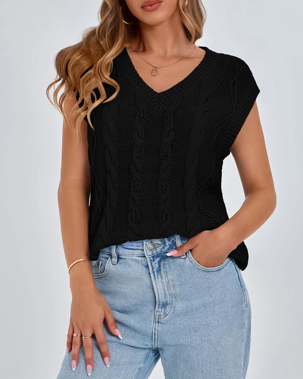 BTFBM Womens Oversized Sweater Vest 2025 Summer V Neck Casual Sleeveless Sweaters Loose Cable Knit Pullover Tops