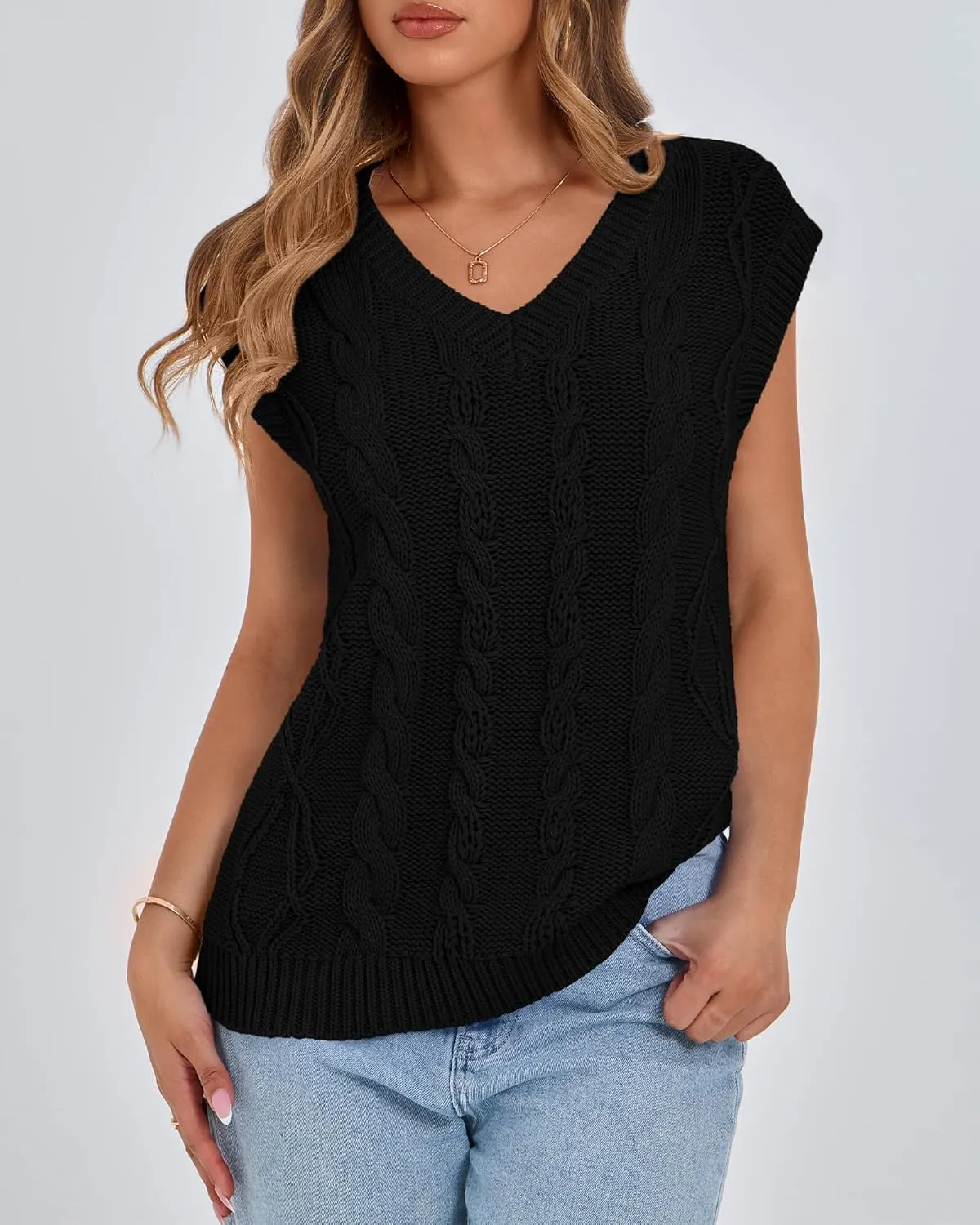 BTFBM Womens Oversized Sweater Vest 2025 Summer V Neck Casual Sleeveless Sweaters Loose Cable Knit Pullover Tops