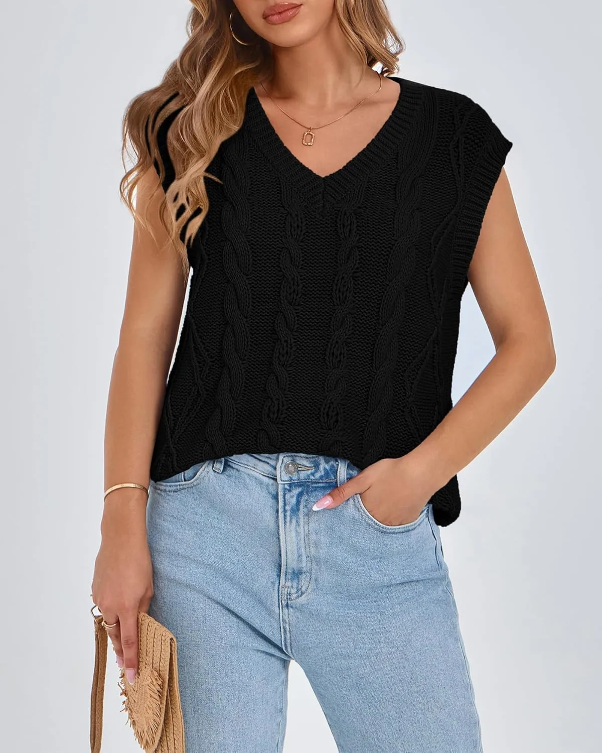 BTFBM Womens Oversized Sweater Vest 2025 Summer V Neck Casual Sleeveless Sweaters Loose Cable Knit Pullover Tops