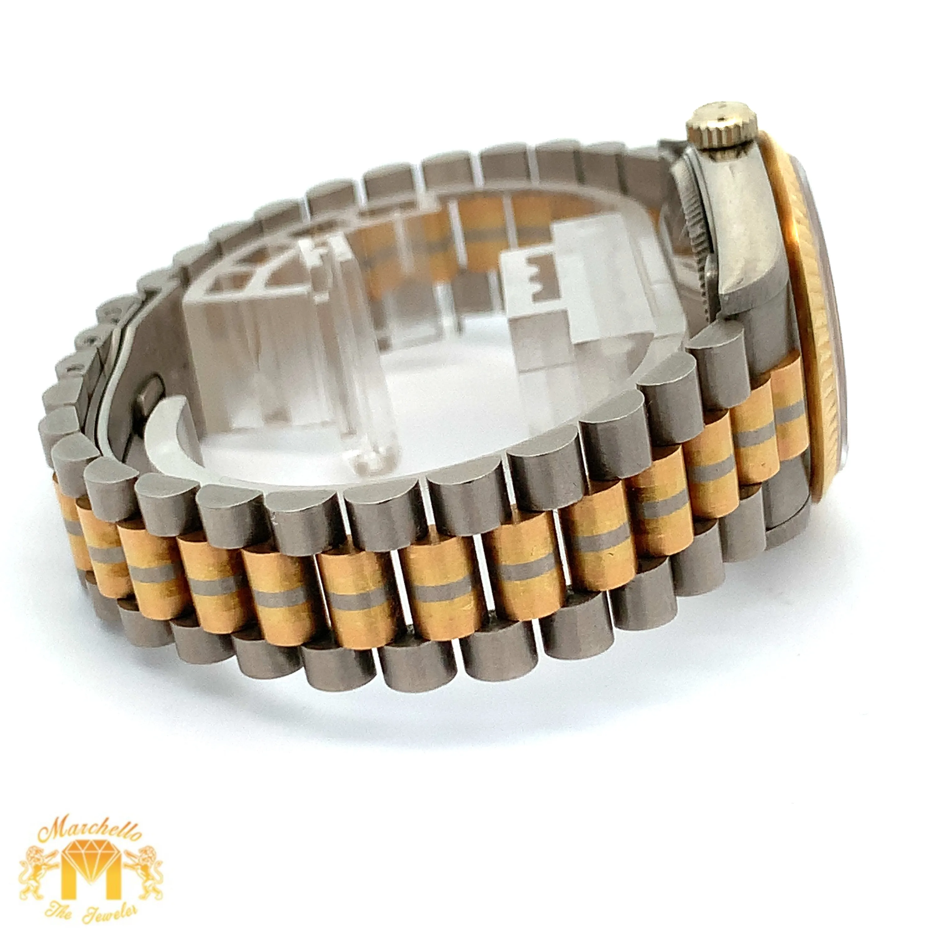 Full Factory 31mm 18k Tri-color Rolex Diamond Watch (champagne dial with diamonds)