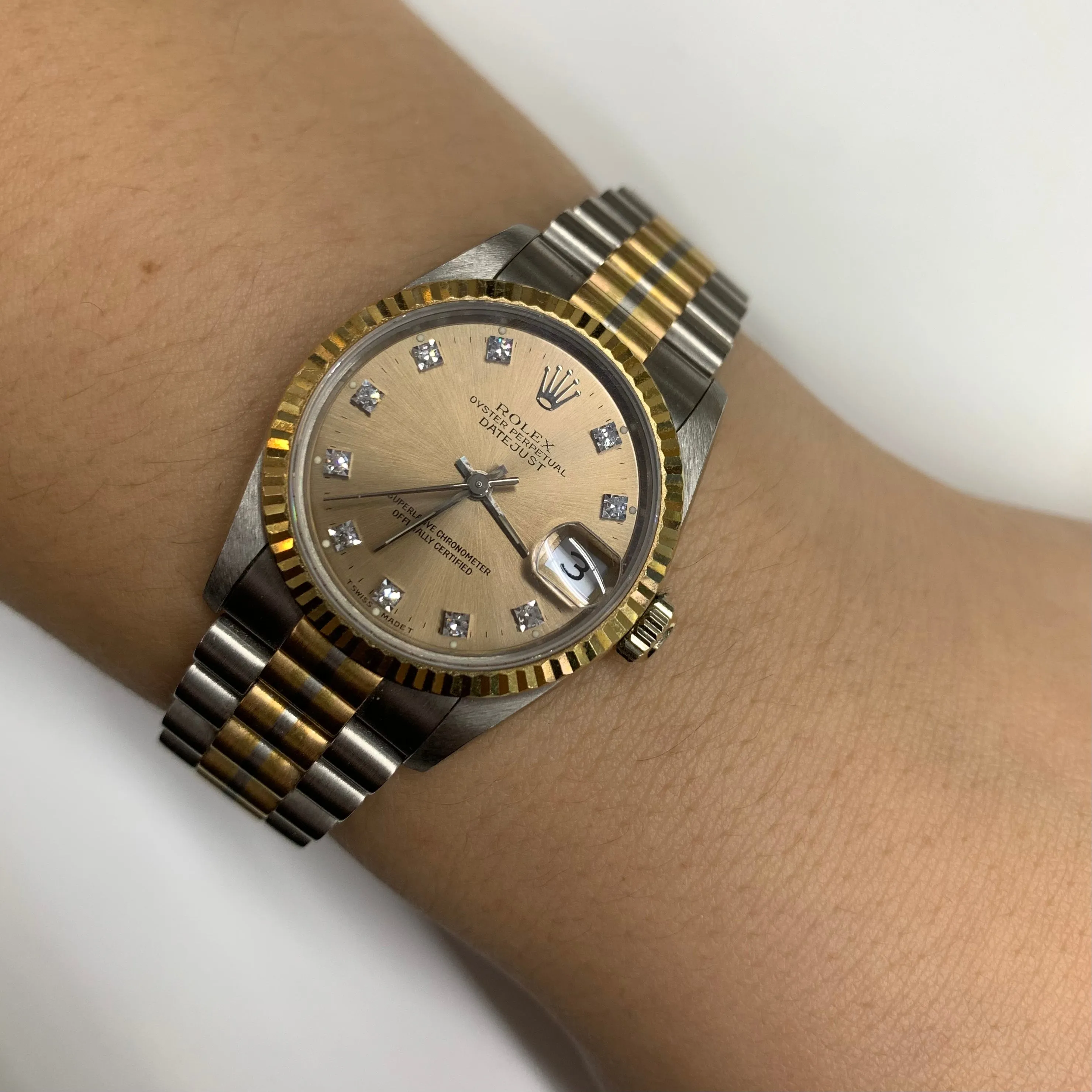 Full Factory 31mm 18k Tri-color Rolex Diamond Watch (champagne dial with diamonds)