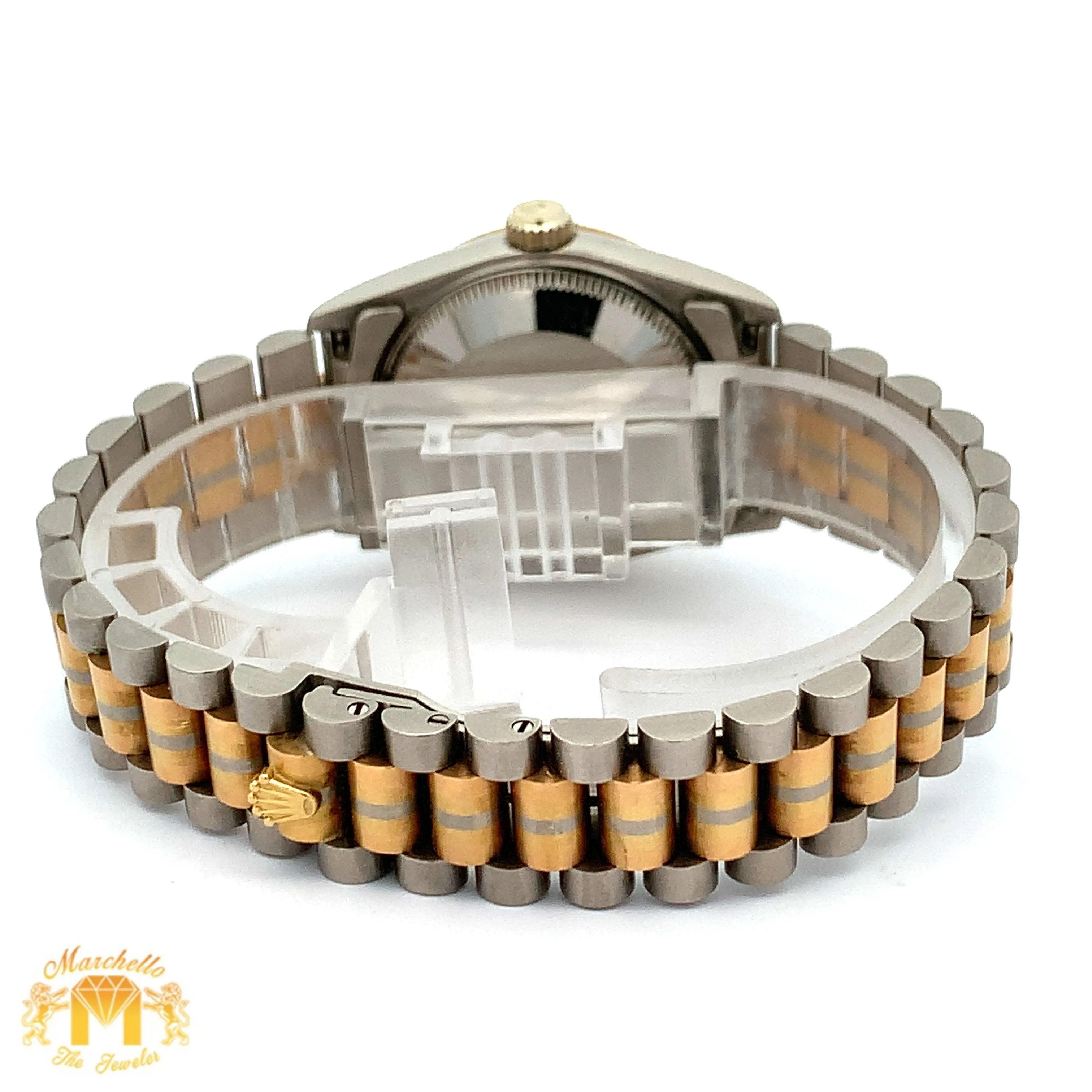 Full Factory 31mm 18k Tri-color Rolex Diamond Watch (champagne dial with diamonds)