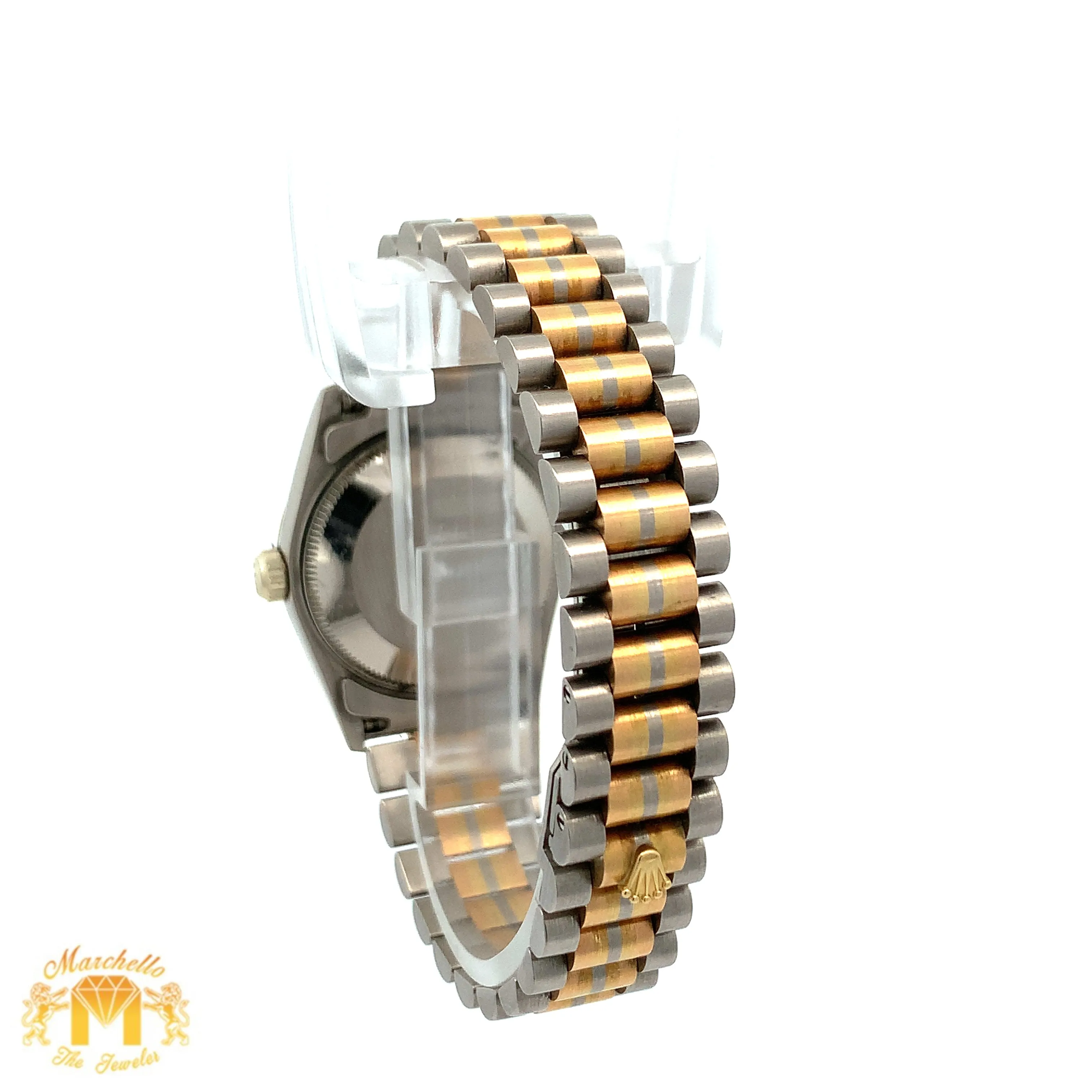 Full Factory 31mm 18k Tri-color Rolex Diamond Watch (champagne dial with Roman numerals)
