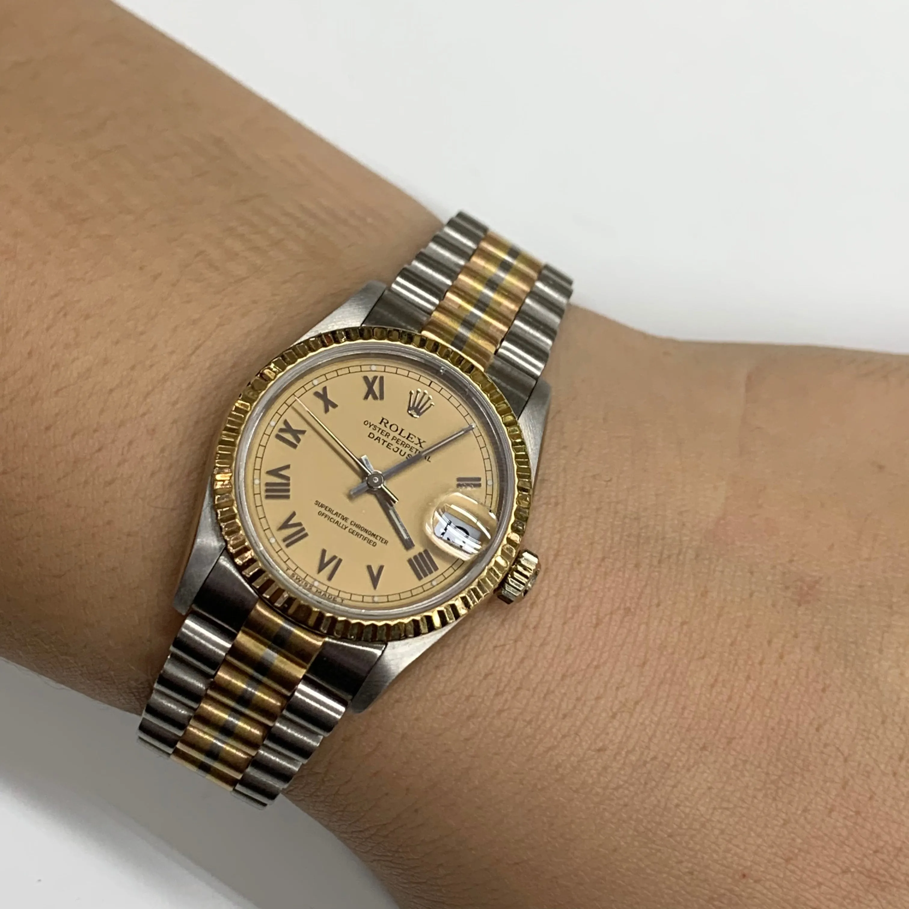 Full Factory 31mm 18k Tri-color Rolex Diamond Watch (champagne dial with Roman numerals)