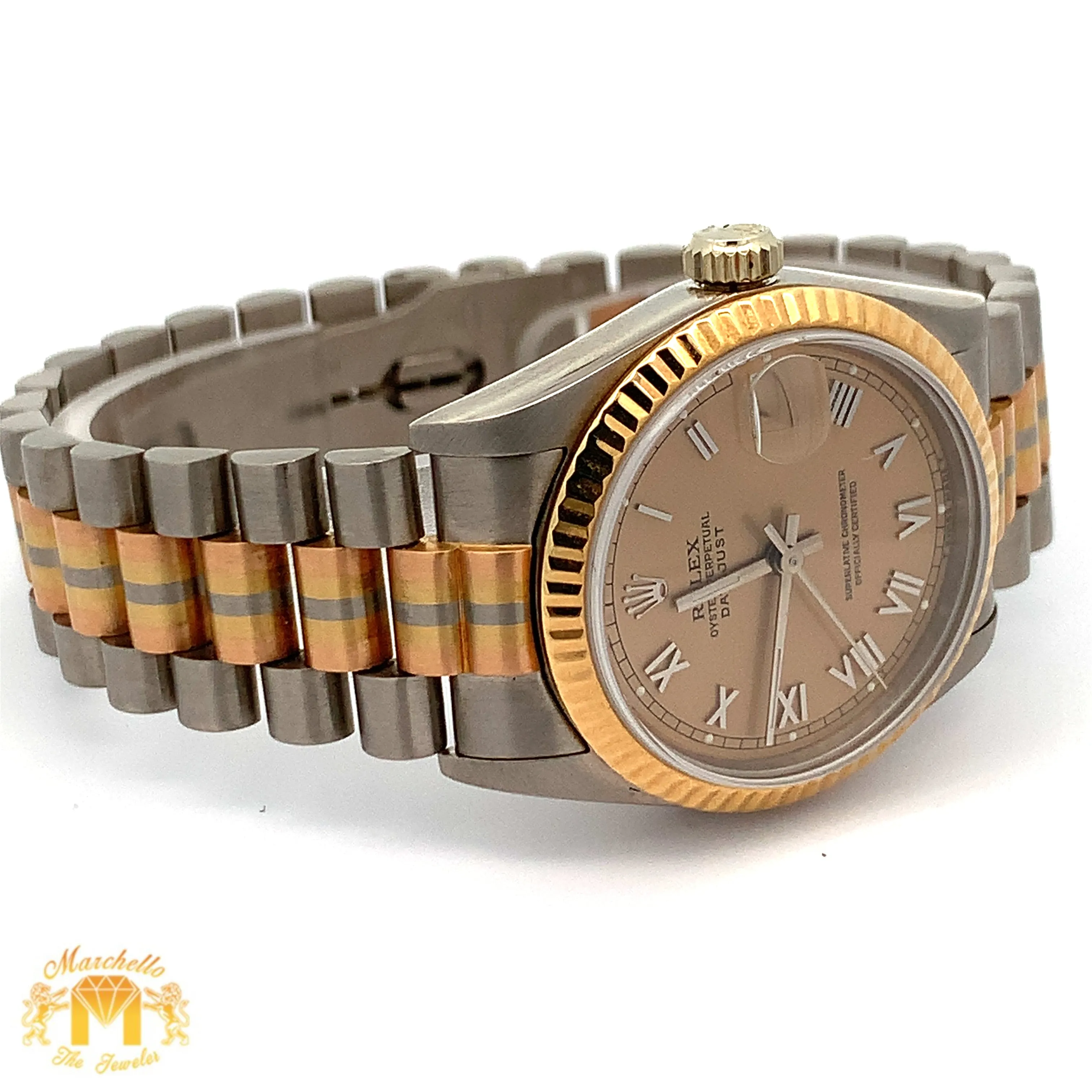 Full Factory 31mm 18k Tri-color Rolex Diamond Watch (champagne dial with Roman numerals)