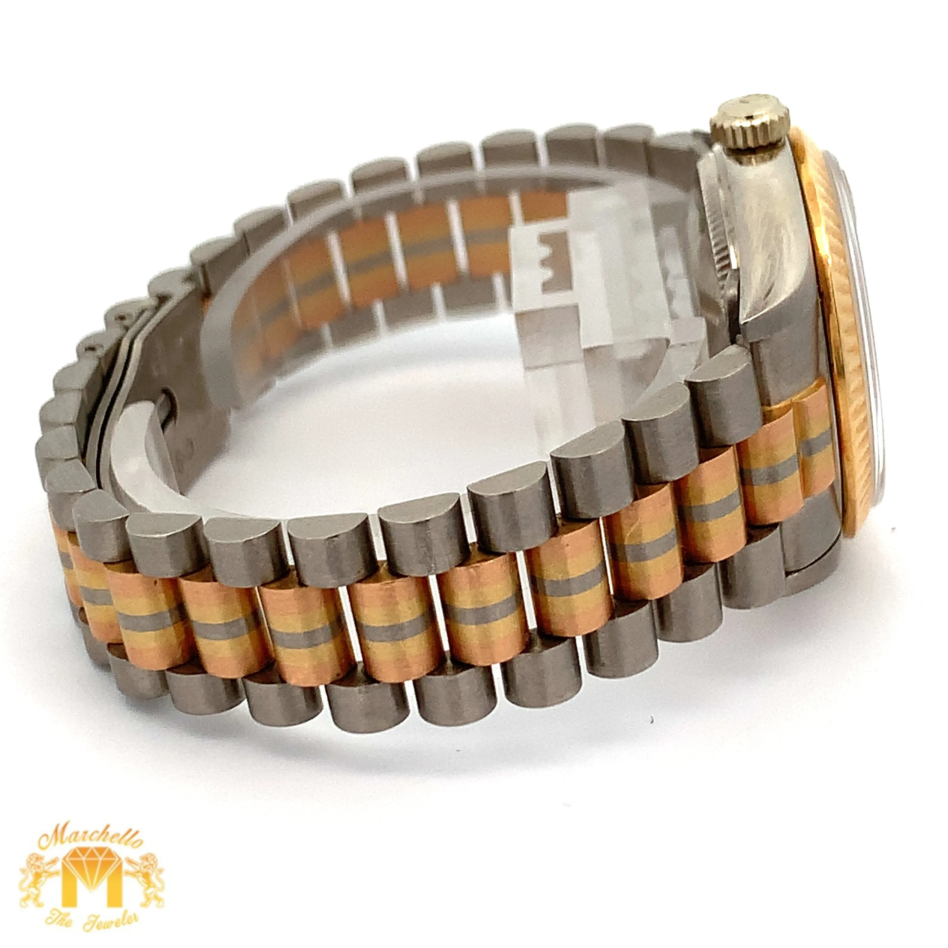 Full Factory 31mm 18k Tri-color Rolex Diamond Watch (champagne dial with Roman numerals)