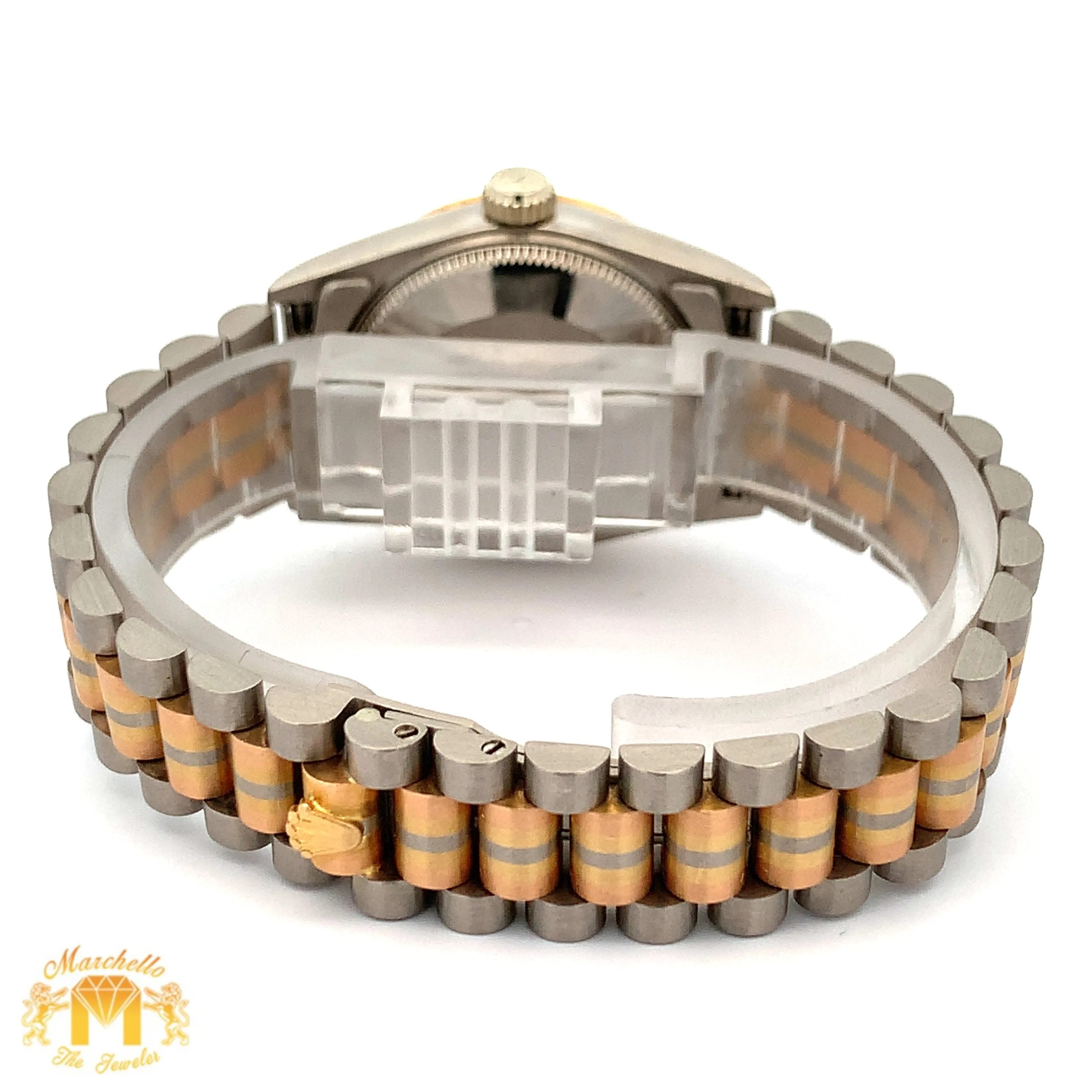 Full Factory 31mm 18k Tri-color Rolex Diamond Watch (champagne dial with Roman numerals)