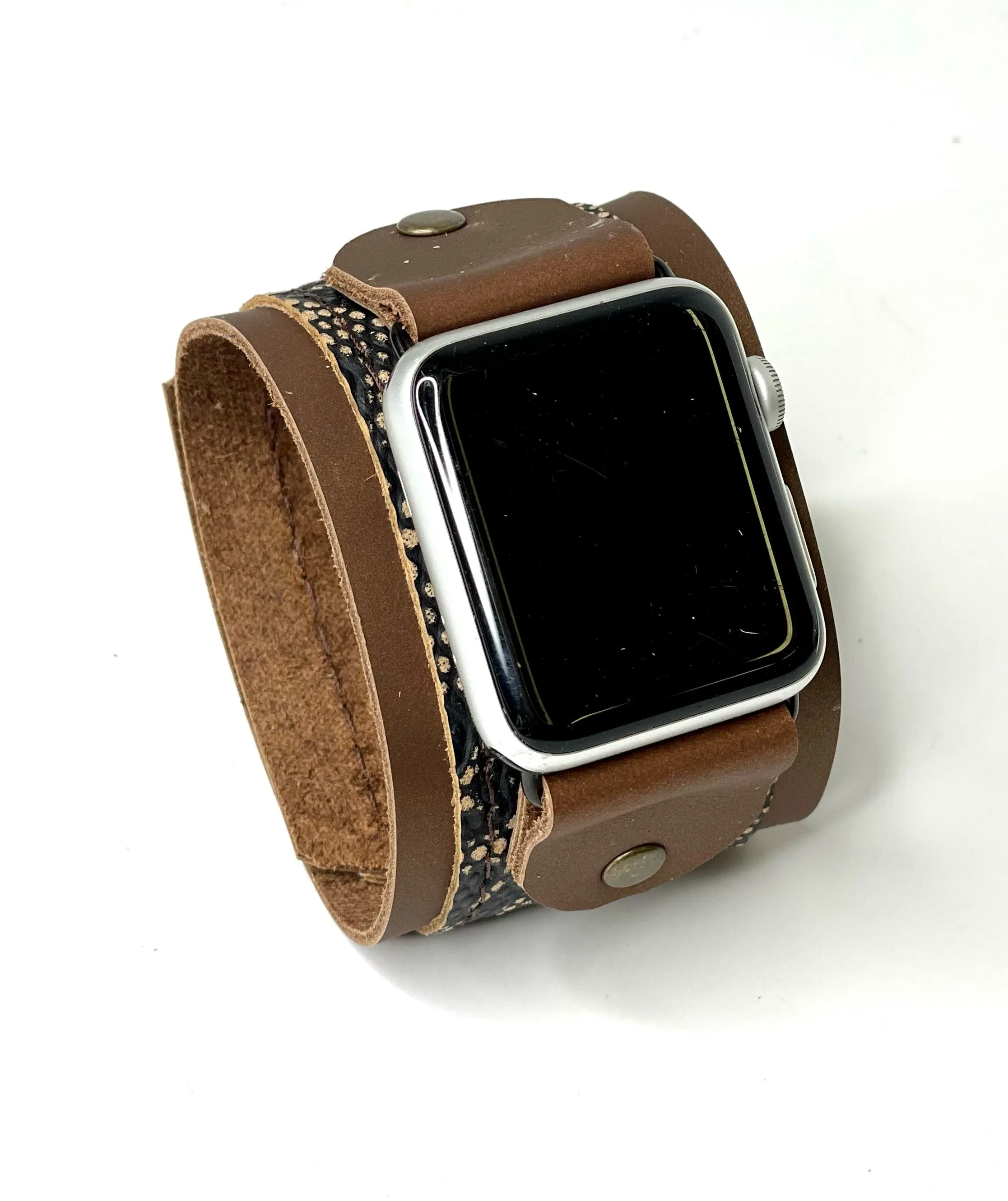 iwatch band with snaps brown leather with snakeskin accents (small)