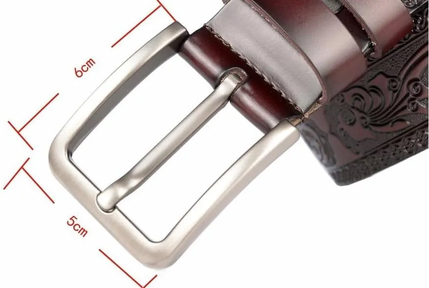 Men's Genuine Leather Belt Vintage Dragon Engraved Strap Single Prong Buckle Adjustable Dress & Casual Belt For Jeans