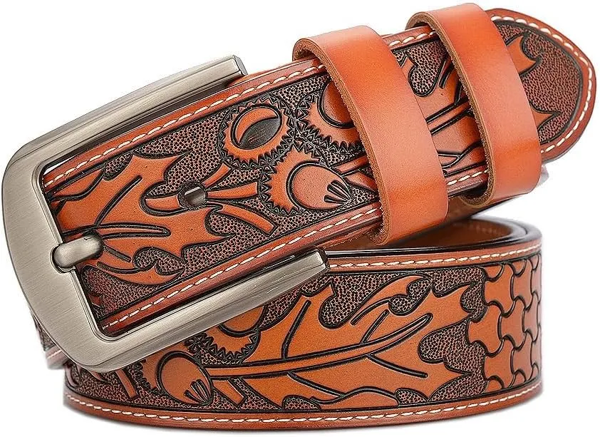 Men's Genuine Leather Belt Vintage Dragon Engraved Strap Single Prong Buckle Adjustable Dress & Casual Belt For Jeans