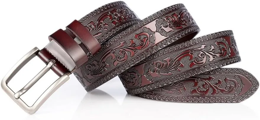 Men's Genuine Leather Belt Vintage Dragon Engraved Strap Single Prong Buckle Adjustable Dress & Casual Belt For Jeans