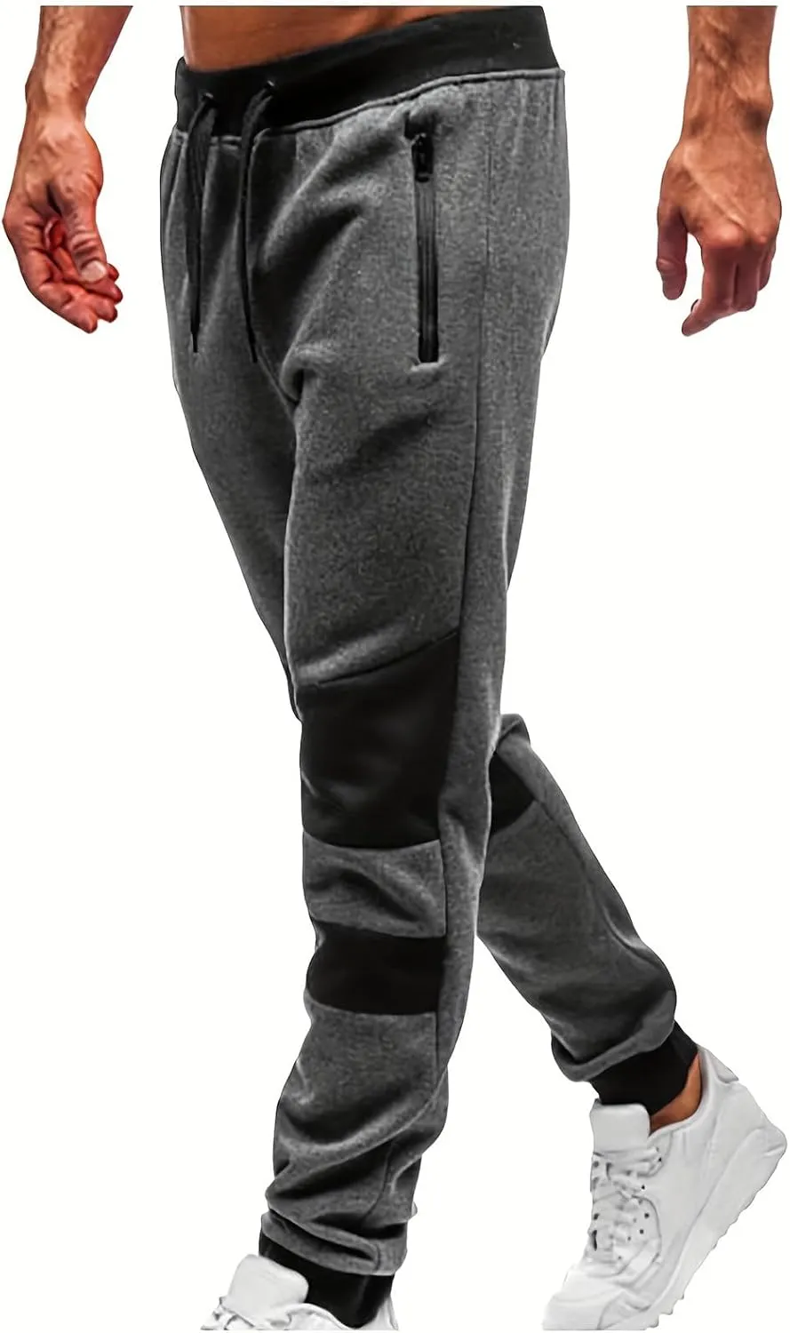 Mens Warm Fleece Lined Athletic Sweatpants Closed Bottom Joggers Fashion Color Block Drawstring Pants with Pockets