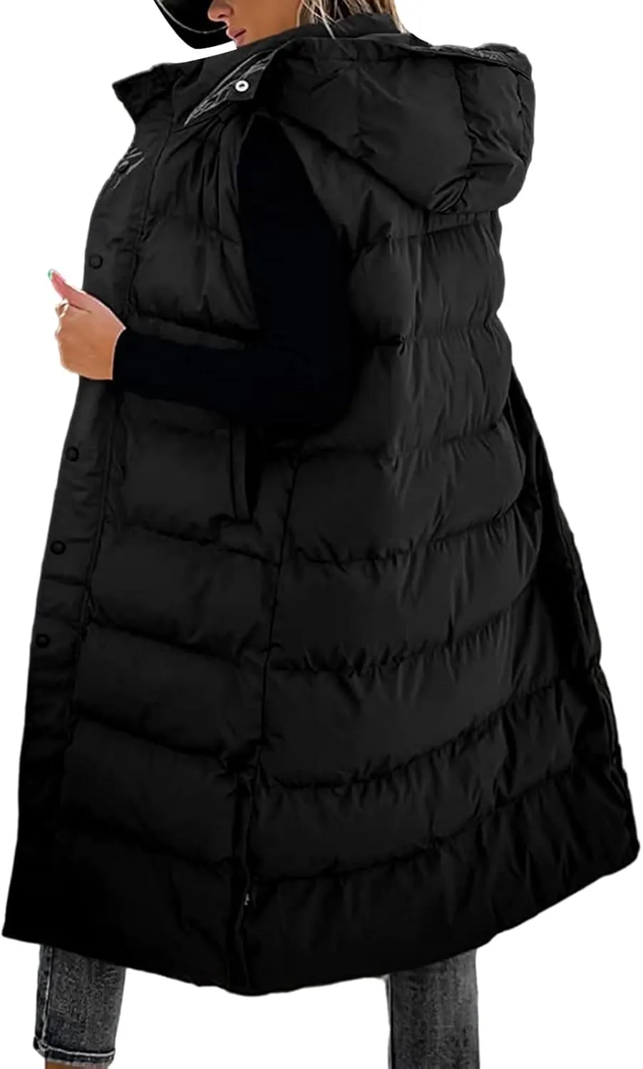 Mmoneyake Long Puffer Vest Women with Hood 2024 Button Zip Up Sleeveless Vests Quilted Puffer Down Jacket Winter Long Coats