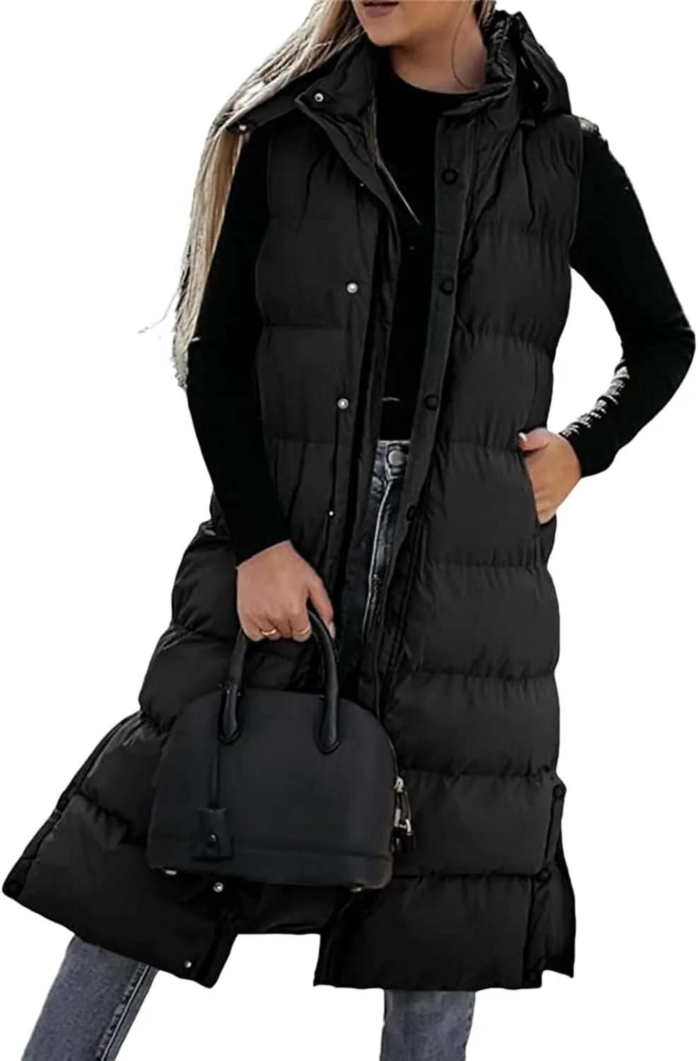Mmoneyake Long Puffer Vest Women with Hood 2024 Button Zip Up Sleeveless Vests Quilted Puffer Down Jacket Winter Long Coats
