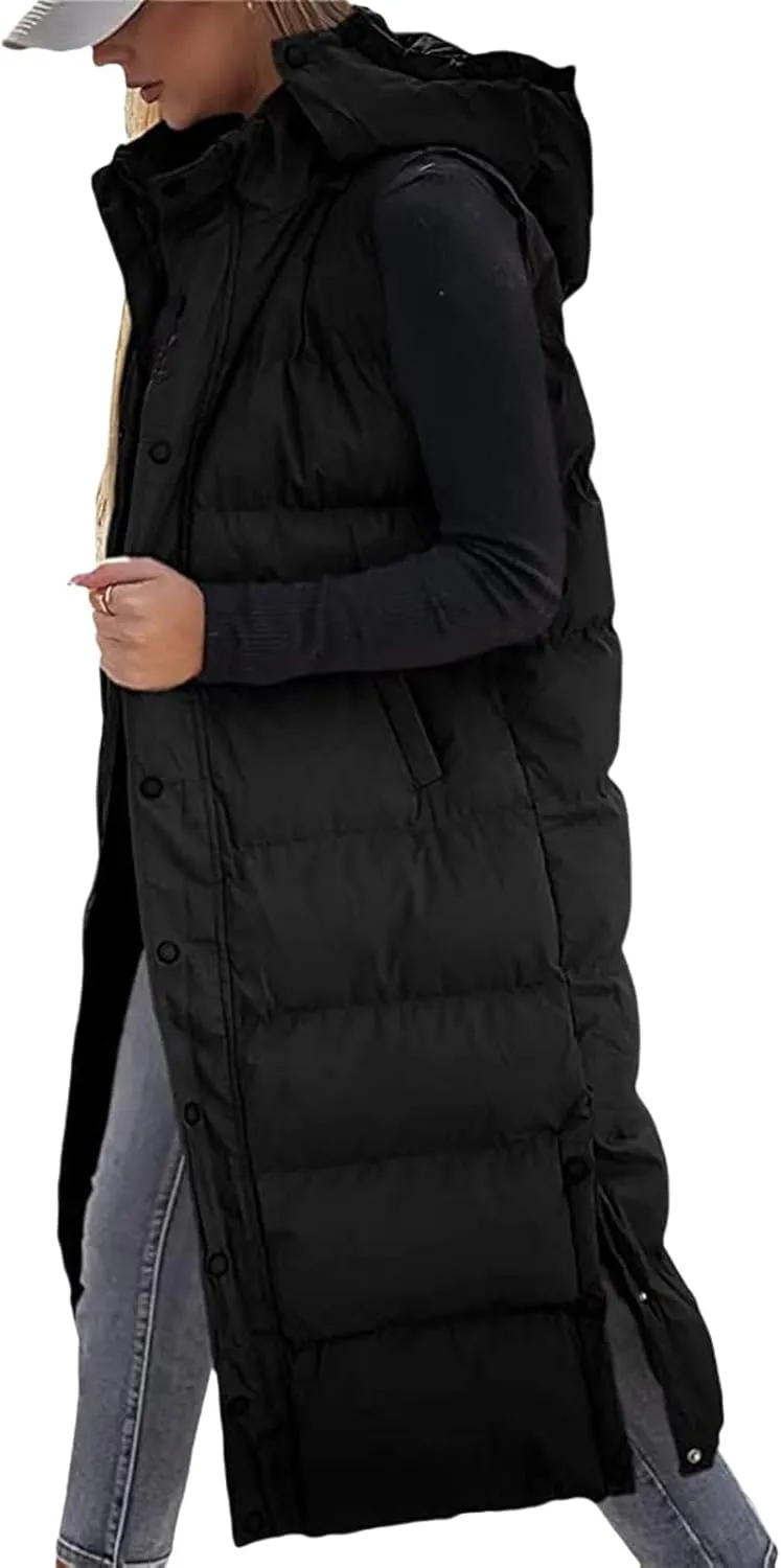 Mmoneyake Long Puffer Vest Women with Hood 2024 Button Zip Up Sleeveless Vests Quilted Puffer Down Jacket Winter Long Coats