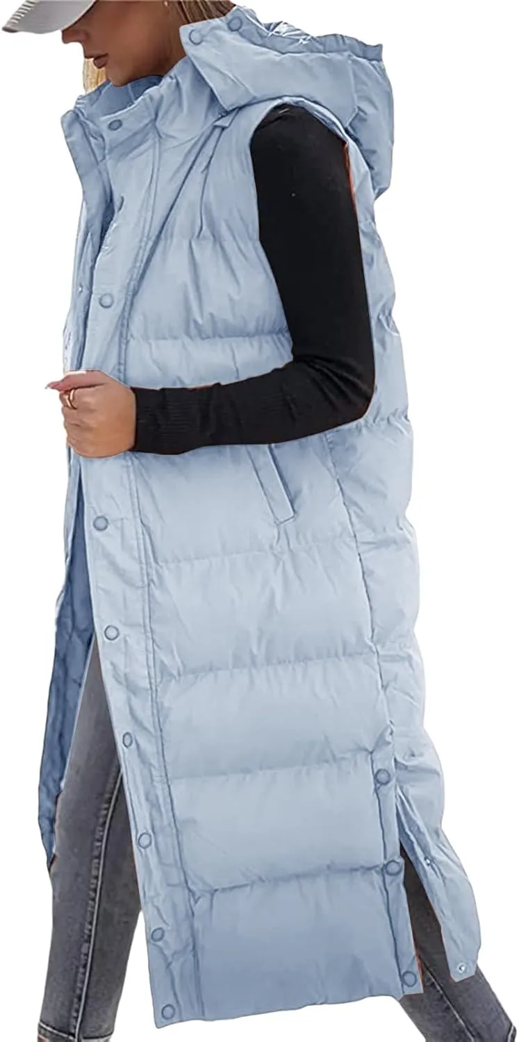 Mmoneyake Long Puffer Vest Women with Hood 2024 Button Zip Up Sleeveless Vests Quilted Puffer Down Jacket Winter Long Coats