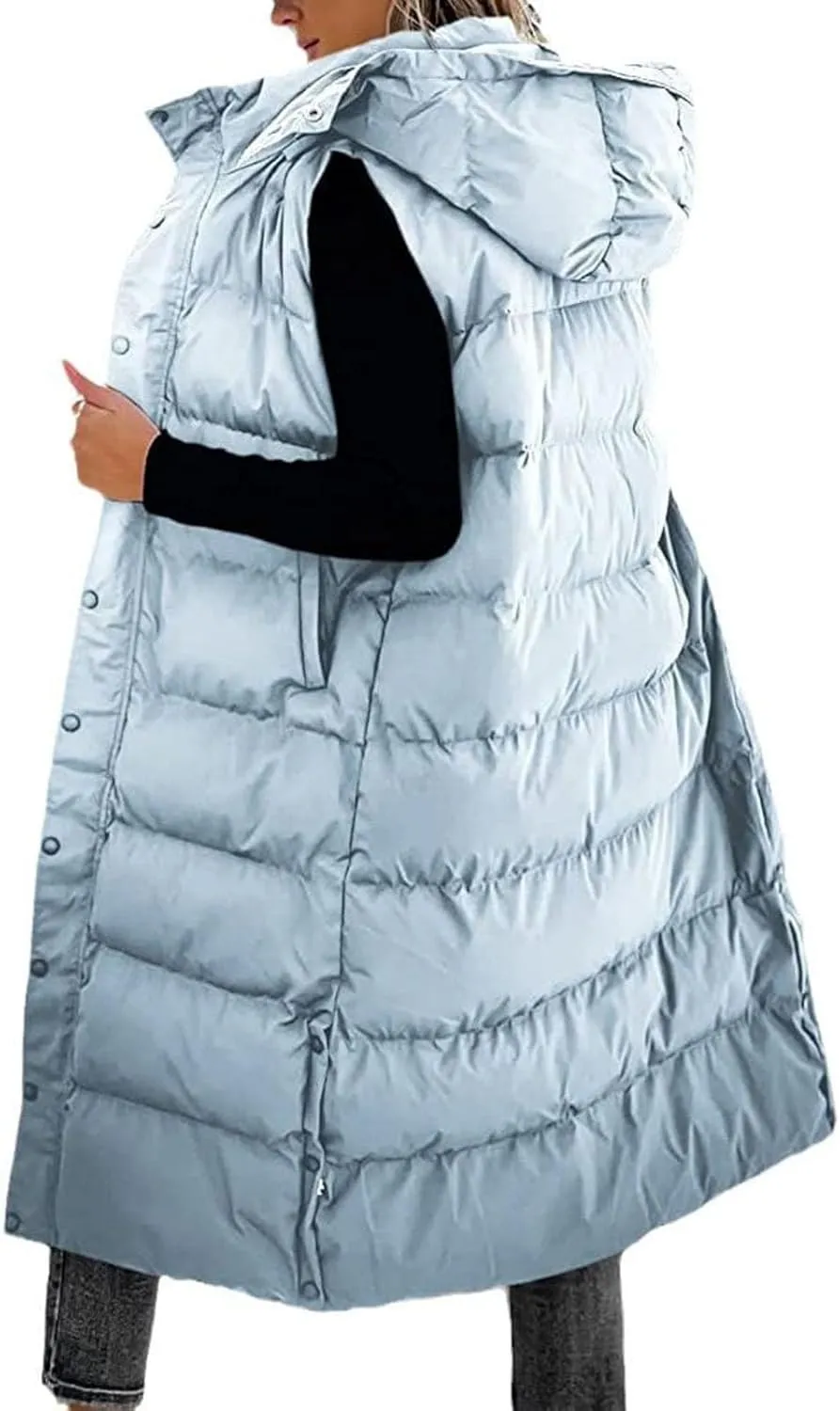Mmoneyake Long Puffer Vest Women with Hood 2024 Button Zip Up Sleeveless Vests Quilted Puffer Down Jacket Winter Long Coats