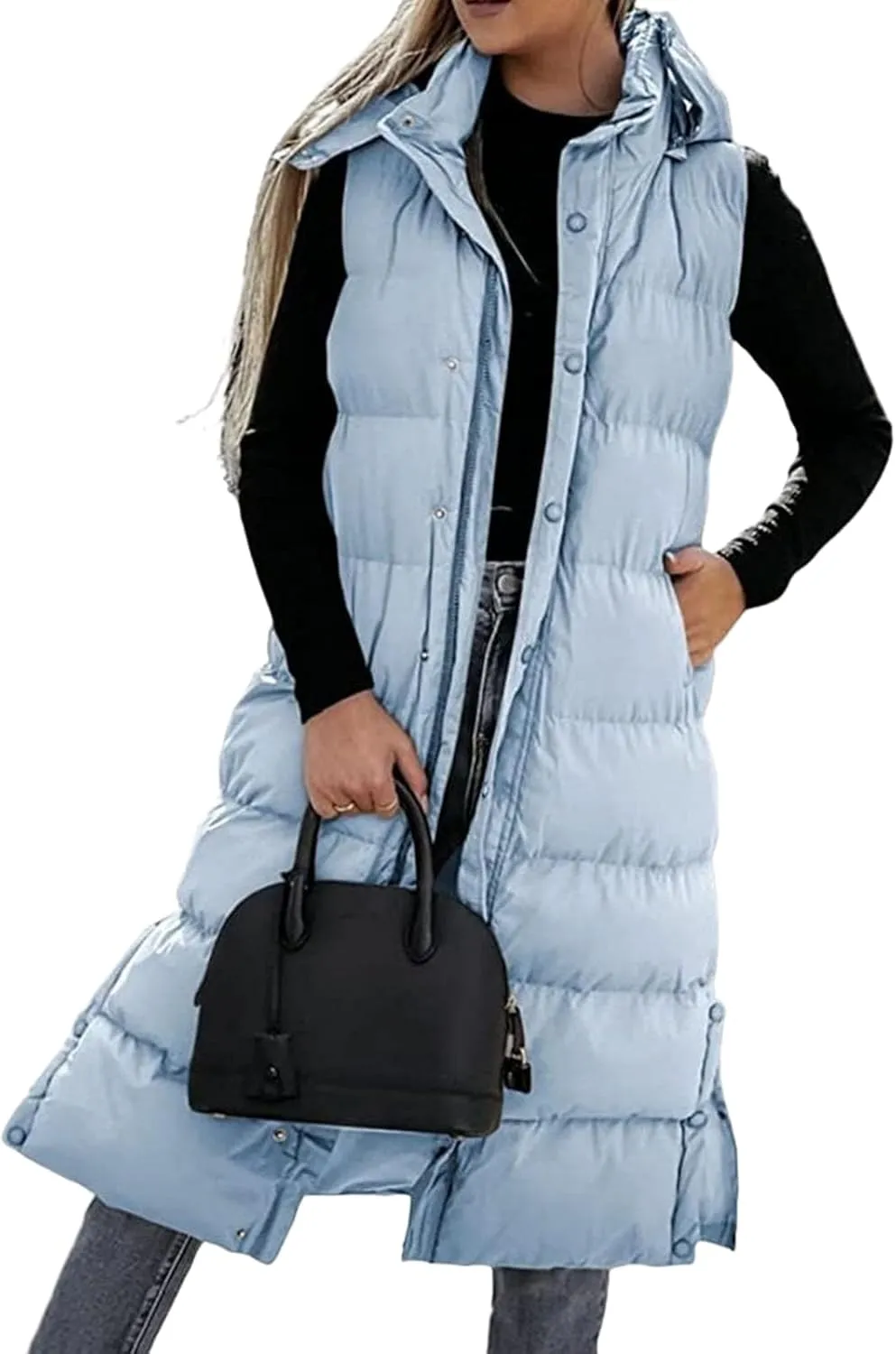 Mmoneyake Long Puffer Vest Women with Hood 2024 Button Zip Up Sleeveless Vests Quilted Puffer Down Jacket Winter Long Coats