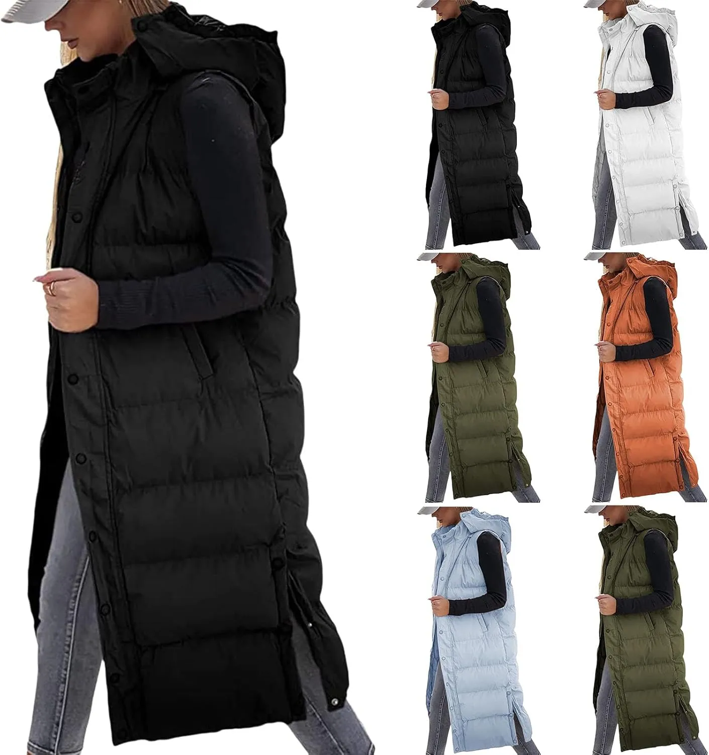 Mmoneyake Long Puffer Vest Women with Hood 2024 Button Zip Up Sleeveless Vests Quilted Puffer Down Jacket Winter Long Coats