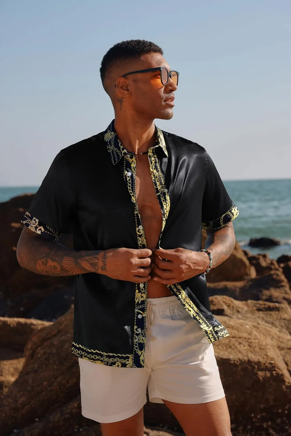 PJ PAUL JONES Mens Short Sleeve Button Down Shirts Casual Stretch Satin Silk Hawaiian Beach Shirt