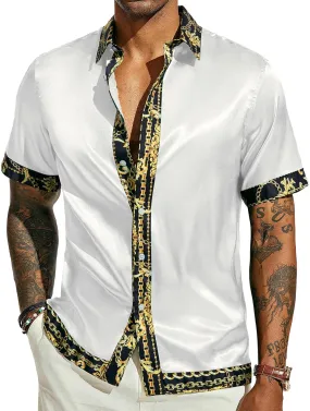 PJ PAUL JONES Mens Short Sleeve Button Down Shirts Casual Stretch Satin Silk Hawaiian Beach Shirt