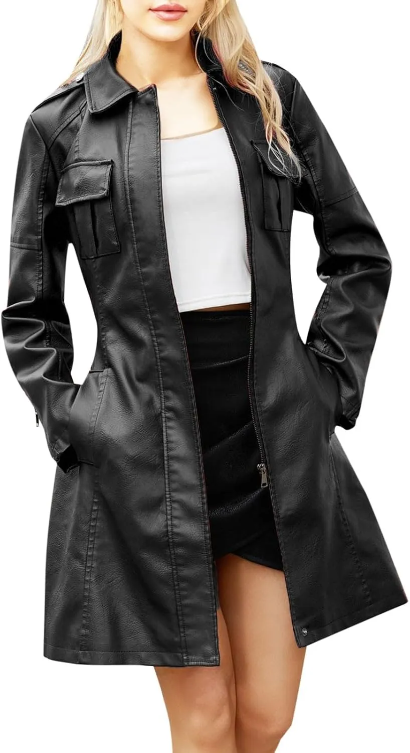 PTOLOCIF Faux Leather Long Jacket for Women Full Zipper PU Trench Coat Lapel Collar Long Suit Outerwear Winter Clothes