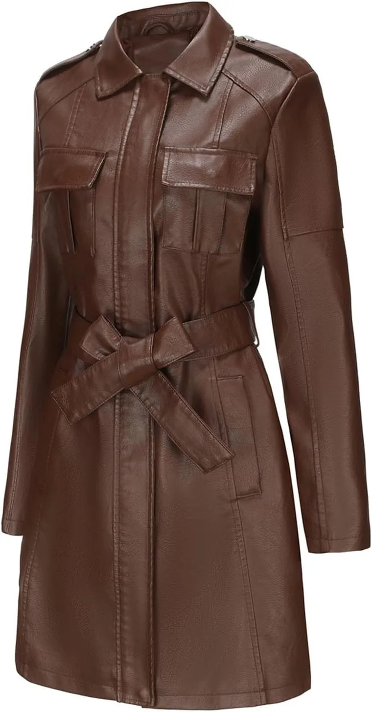 PTOLOCIF Faux Leather Long Jacket for Women Full Zipper PU Trench Coat Lapel Collar Long Suit Outerwear Winter Clothes