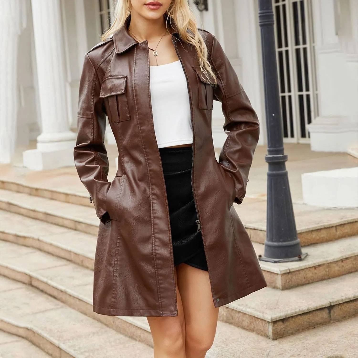 PTOLOCIF Faux Leather Long Jacket for Women Full Zipper PU Trench Coat Lapel Collar Long Suit Outerwear Winter Clothes
