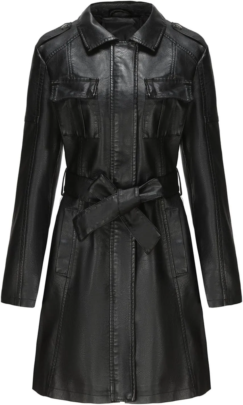 PTOLOCIF Faux Leather Long Jacket for Women Full Zipper PU Trench Coat Lapel Collar Long Suit Outerwear Winter Clothes
