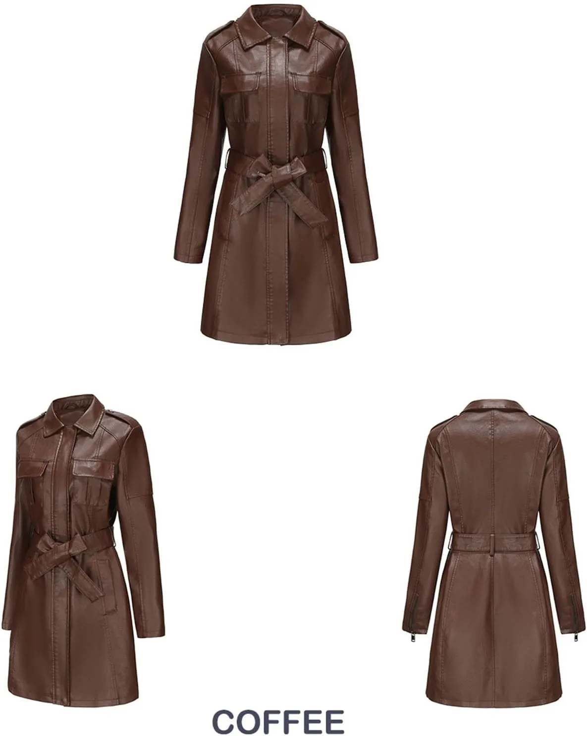 PTOLOCIF Faux Leather Long Jacket for Women Full Zipper PU Trench Coat Lapel Collar Long Suit Outerwear Winter Clothes
