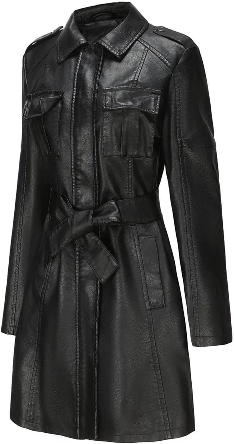 PTOLOCIF Faux Leather Long Jacket for Women Full Zipper PU Trench Coat Lapel Collar Long Suit Outerwear Winter Clothes