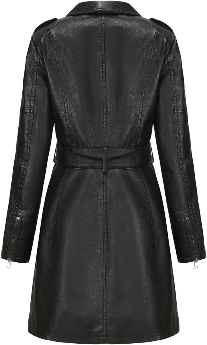 PTOLOCIF Faux Leather Long Jacket for Women Full Zipper PU Trench Coat Lapel Collar Long Suit Outerwear Winter Clothes