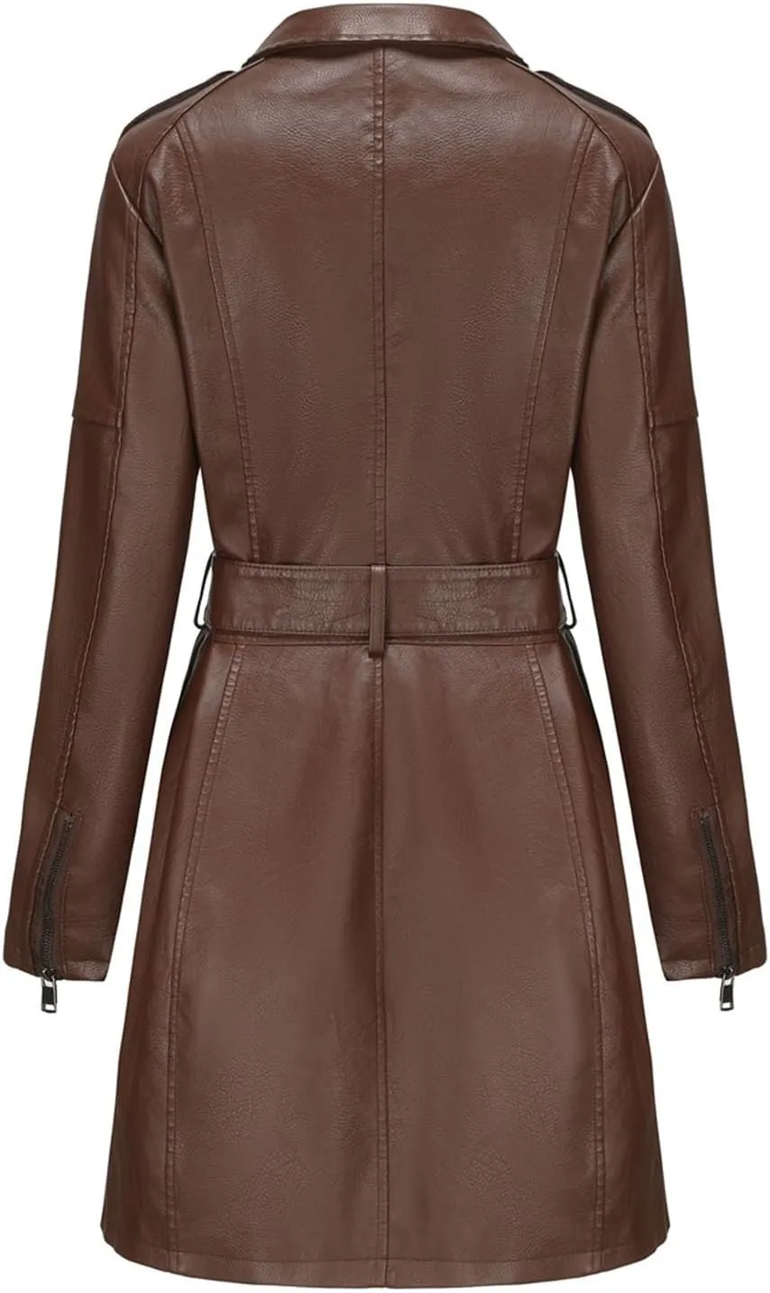 PTOLOCIF Faux Leather Long Jacket for Women Full Zipper PU Trench Coat Lapel Collar Long Suit Outerwear Winter Clothes