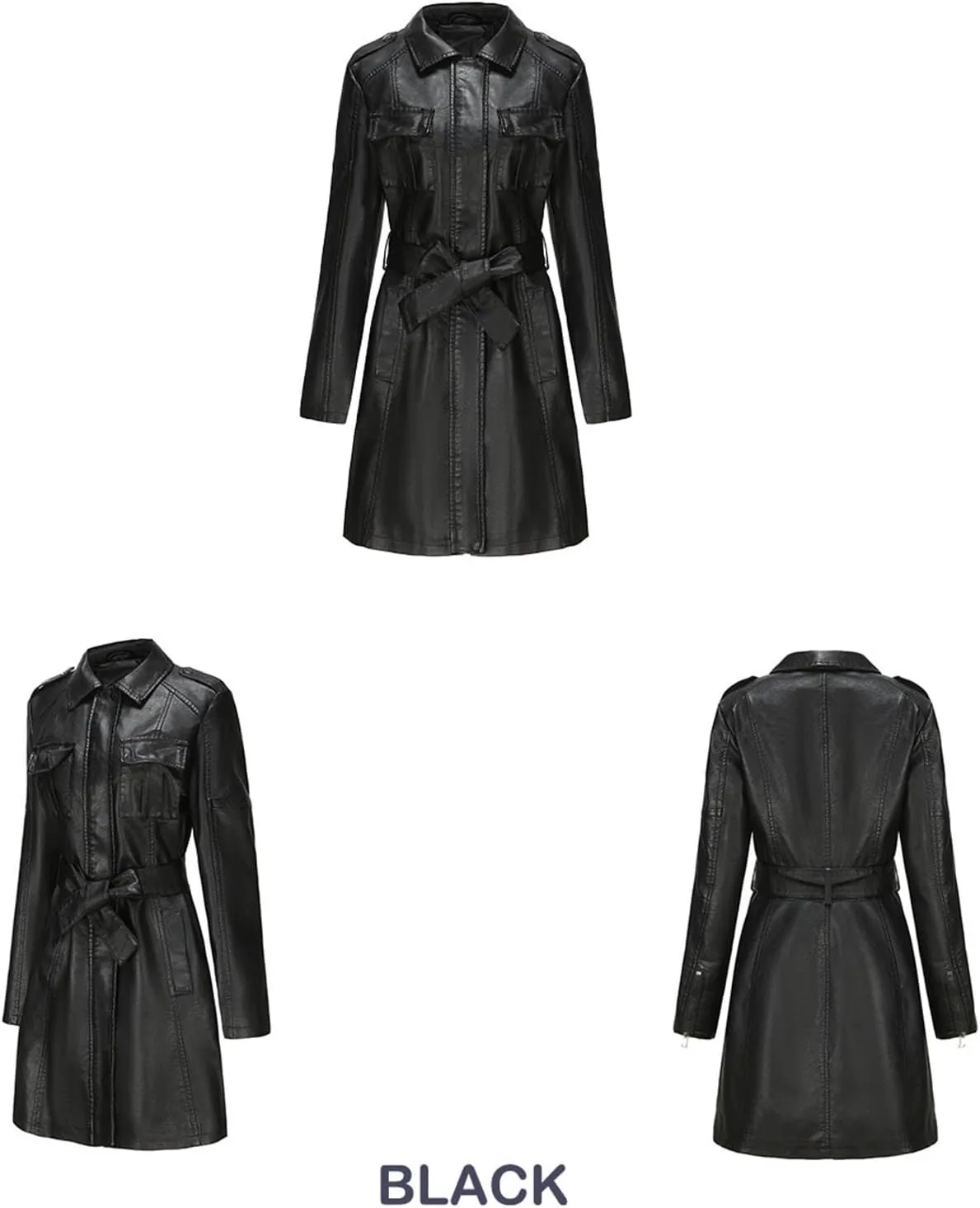PTOLOCIF Faux Leather Long Jacket for Women Full Zipper PU Trench Coat Lapel Collar Long Suit Outerwear Winter Clothes