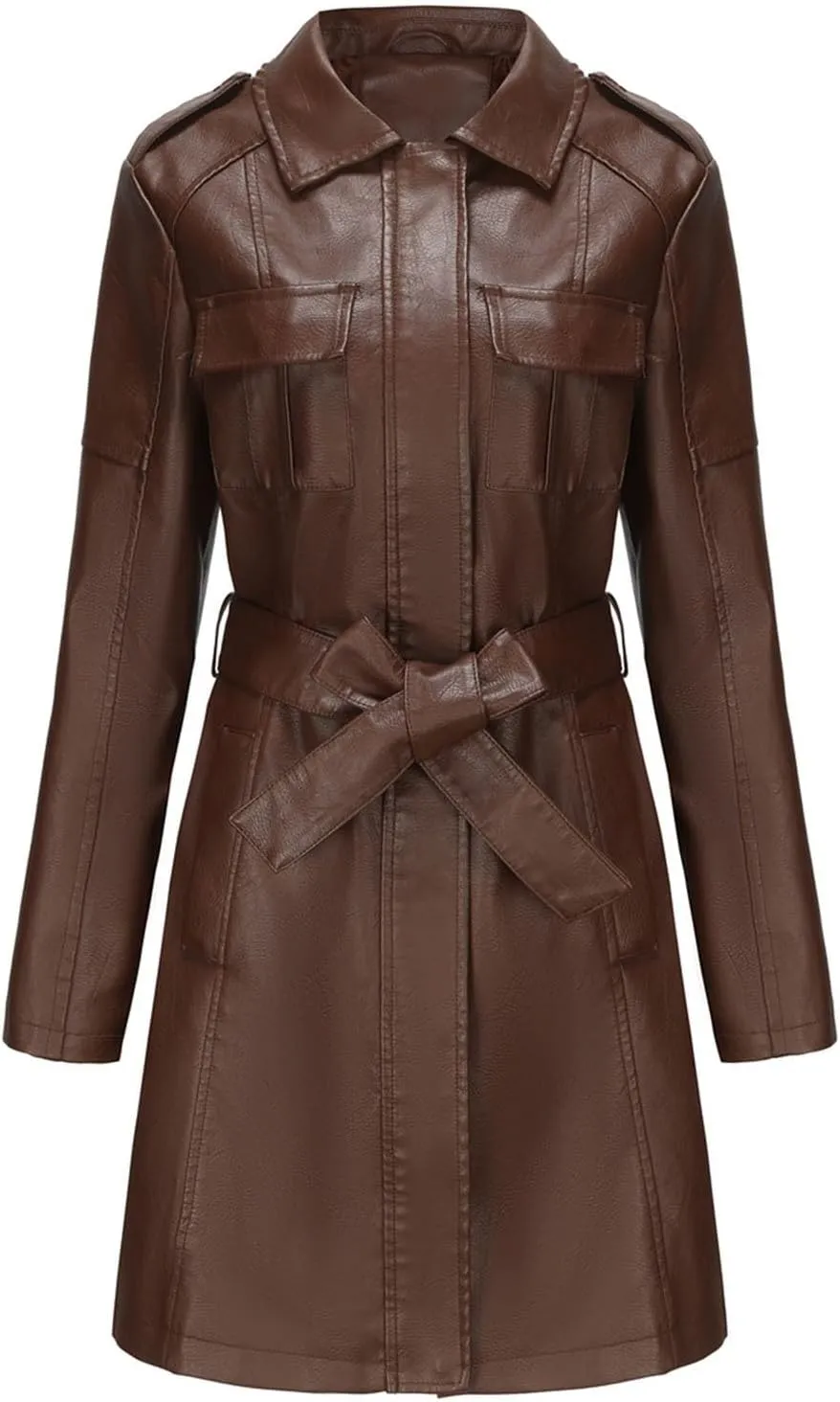 PTOLOCIF Faux Leather Long Jacket for Women Full Zipper PU Trench Coat Lapel Collar Long Suit Outerwear Winter Clothes