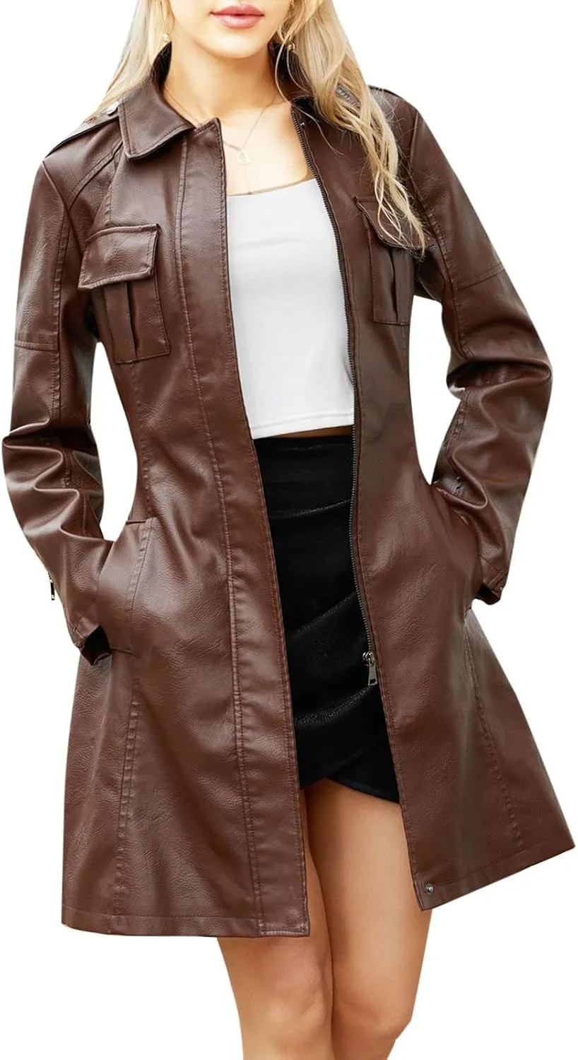 PTOLOCIF Faux Leather Long Jacket for Women Full Zipper PU Trench Coat Lapel Collar Long Suit Outerwear Winter Clothes